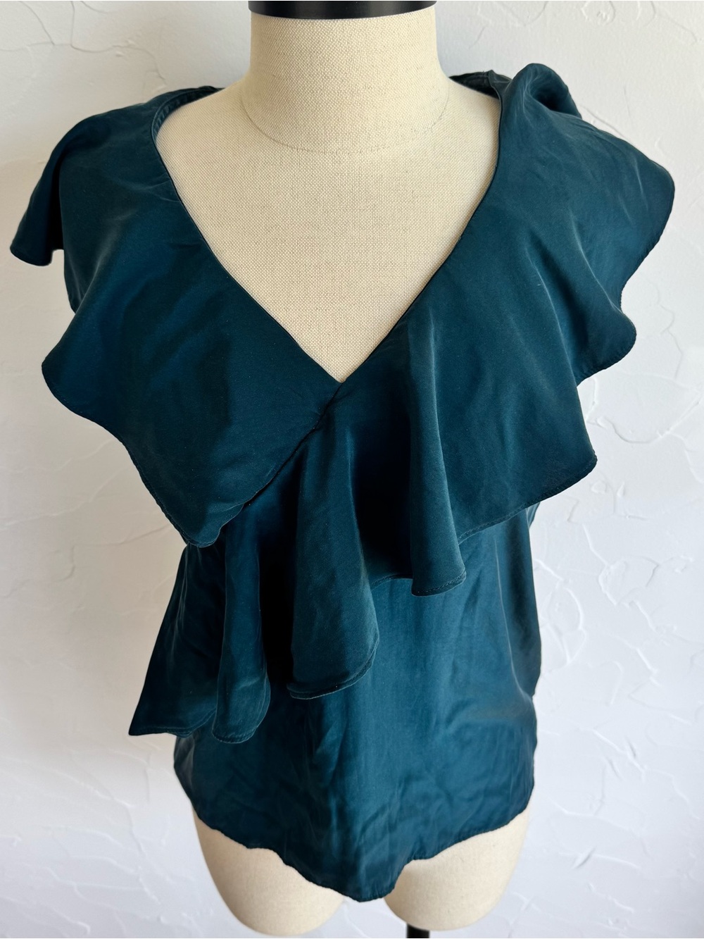 Y2K Teal 100% Silk Ruffle Blouse Marie Oliver Romantic Top